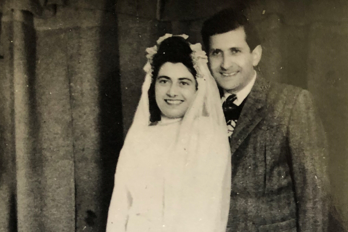 Black and white image of the authors parents on their wedding day