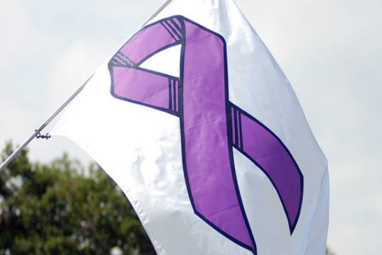 White flag with purple ribbon on it representing domestic violence awareness